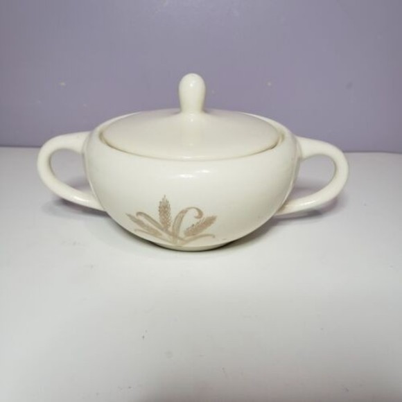 Sugar Bowl w Lid Wheat Pattern Gold Gild Handles Creme / Off White ( 2.25 ×7" ) - Picture 7 of 15